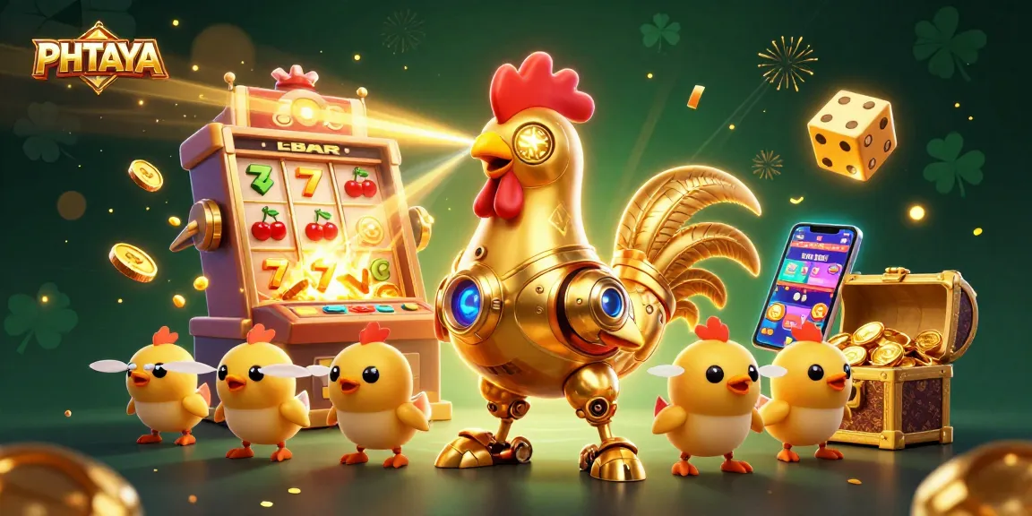 PHTAYA offers an exhilarating gaming experience with golden rooster robot and baby chick drones amidst a slot machine explosion.
