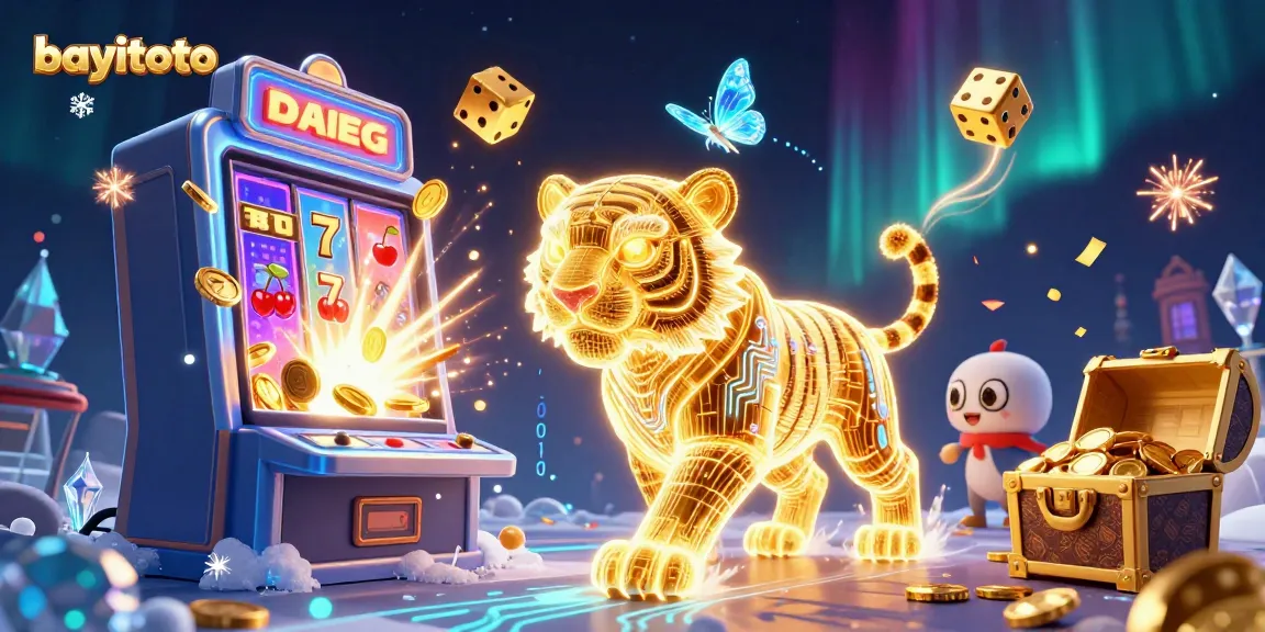 Experience thrilling wins at bayitoto with a neon wireframe tiger in a vibrant casino!