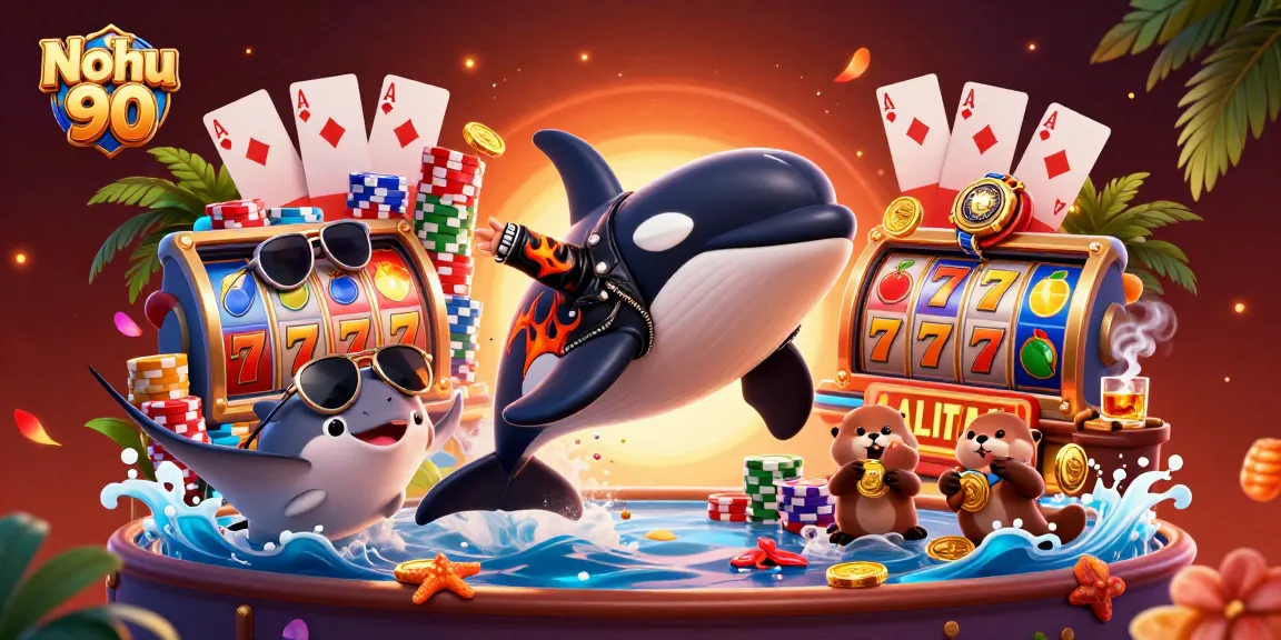 Nohu 90 showcases thrilling fun with orca and otters amid dynamic slot game elements.