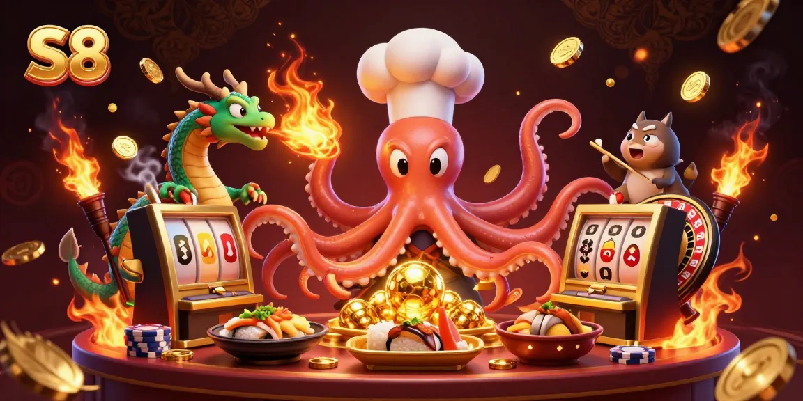 S8-themed illustration showcasing a colorful octopus chef and dragon by a golden slot machine.