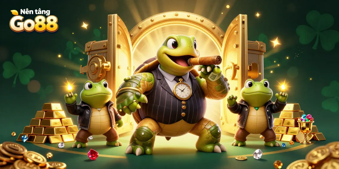 Nền tảng Go88 showcases a vibrant casino scene with cartoon turtle and bullfrog characters amid sparkling treasures.