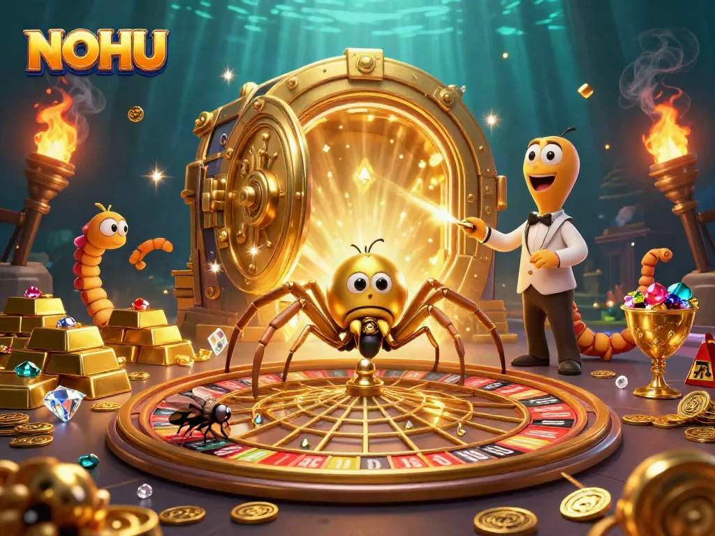 Spin the roulette wheel with NOHU, featuring a golden spider and vibrant casino elements in a lively scene.