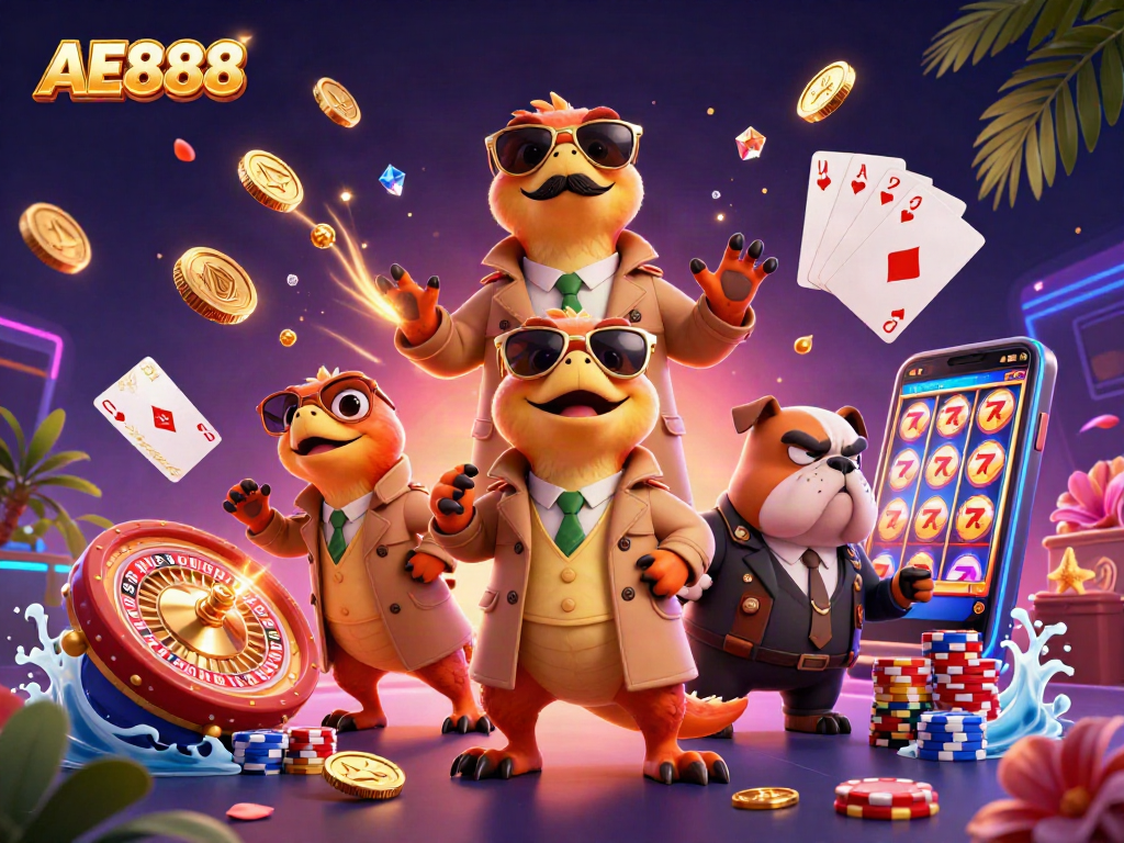 Engage with AE888's vibrant casino fun featuring raptors in disguise exploring a VIP lounge.