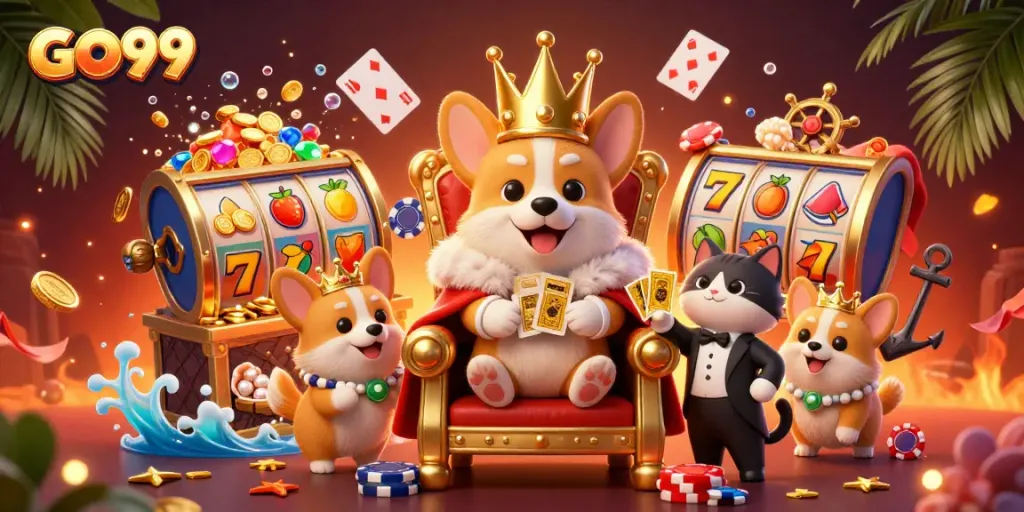 Engage with thrilling slots action at GO99, featuring vibrant characters and rich casino elements.