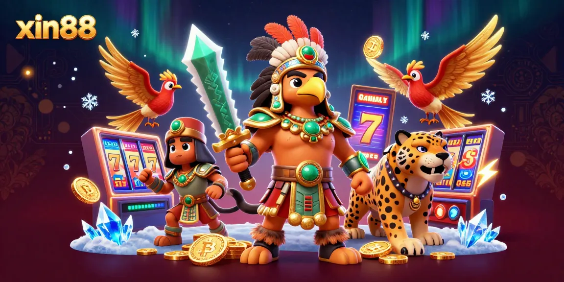 Engage in thrilling gameplay at xin88 with a vibrant 3D illustration featuring Aztec warriors and casino elements.