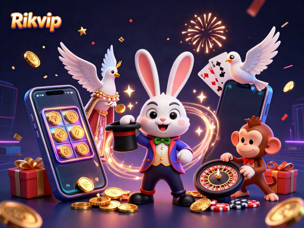 Experience the thrill of Rikvip with animated characters and casino elements, showcasing excitement and fun.