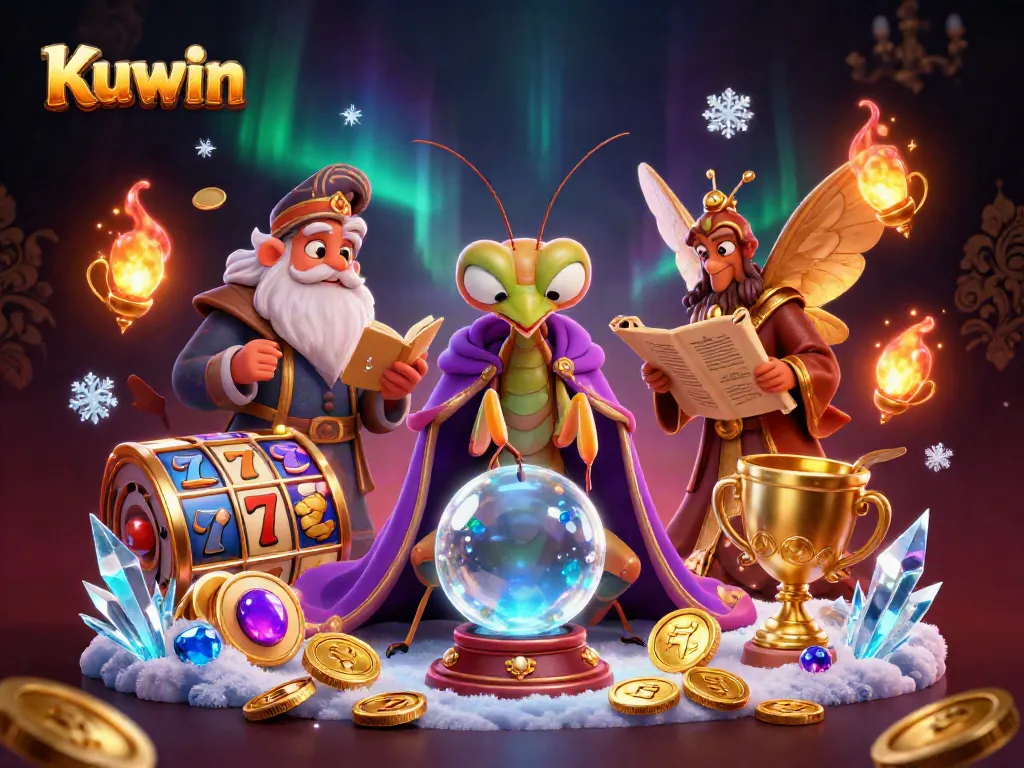 Kuwin offers dynamic slot gaming experience with vibrant characters amidst sparkling coins and slot elements.