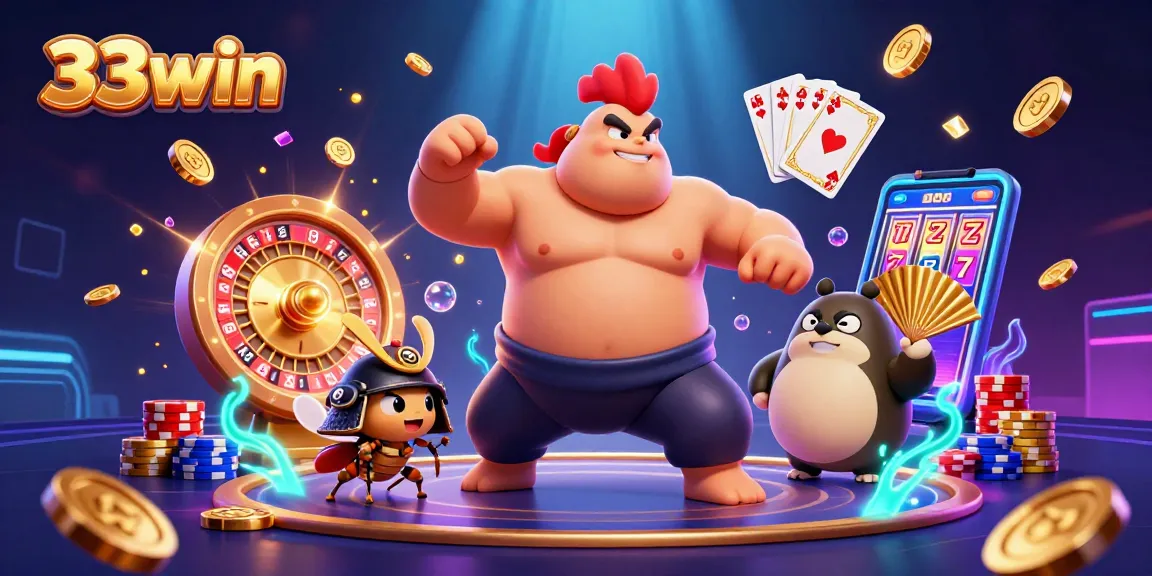 Experience thrilling gaming action at 33win Casino featuring a dynamic rooster and cricket battling in vibrant casino elements.