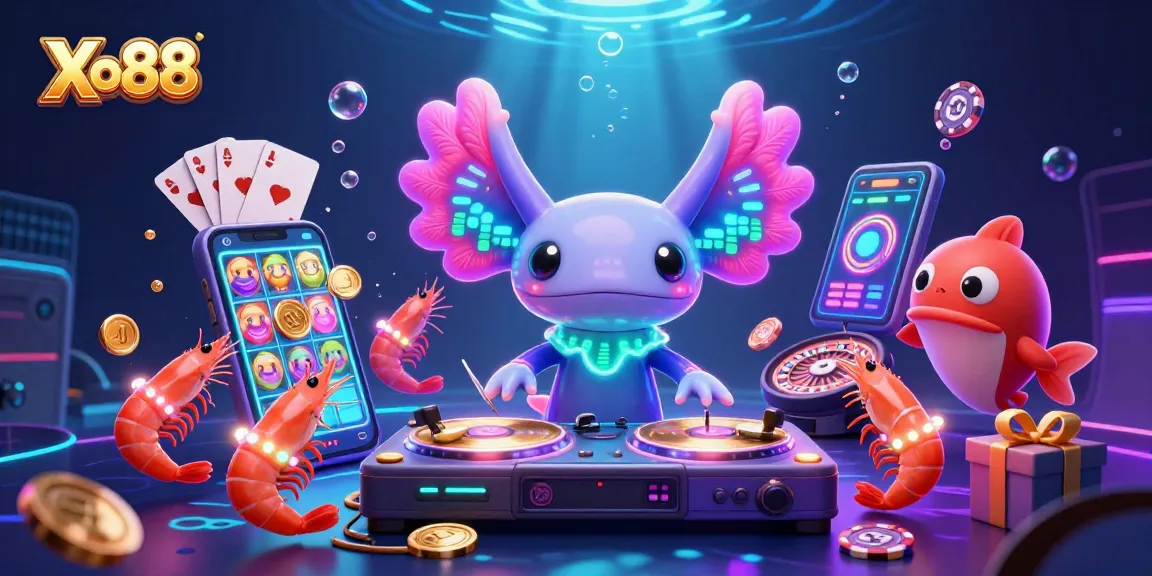 Xo88 engages players with an ultra-detailed neon underwater casino scene featuring vibrant characters and dynamic game elements.