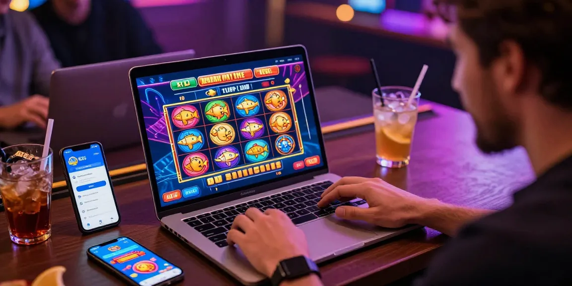 Engaged user enjoying KK55 online gambling platform with vibrant game graphics.