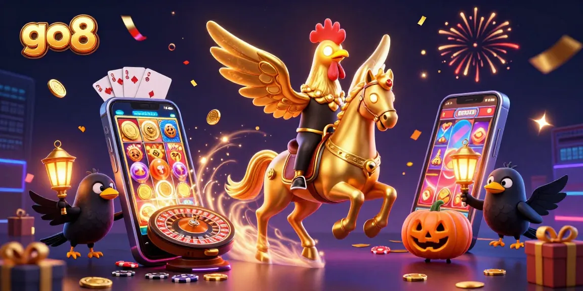Experience the excitement of go8 with a vibrant casino scene featuring a golden rooster and slot games.