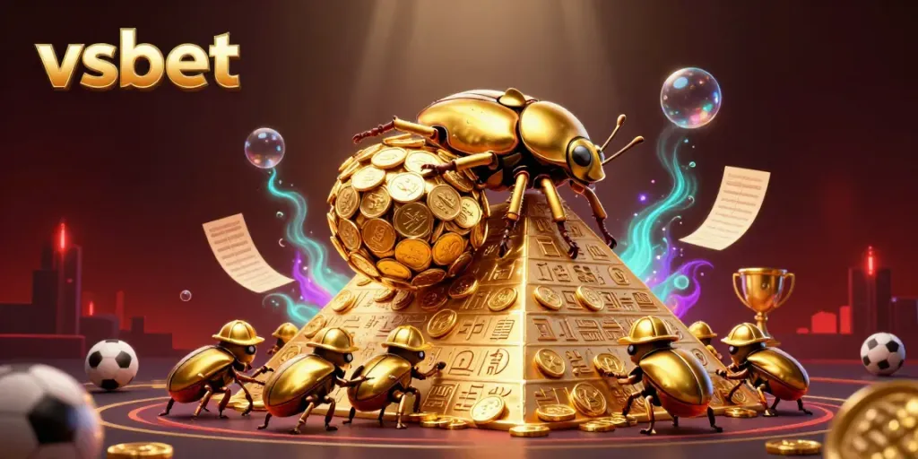 Engage with vsbet in an intricate 3D scene showcasing a golden beetle pushing coins in a sports betting pyramid.