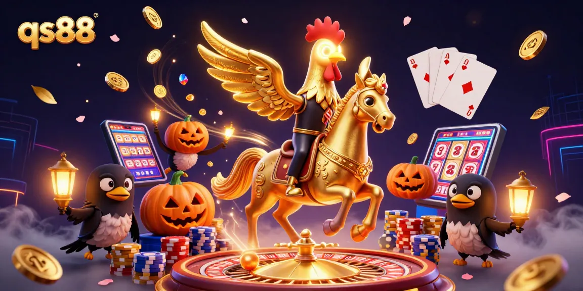 Experience thrilling games at qs88 with a dazzling casino scene featuring golden rooster and magical elements.
