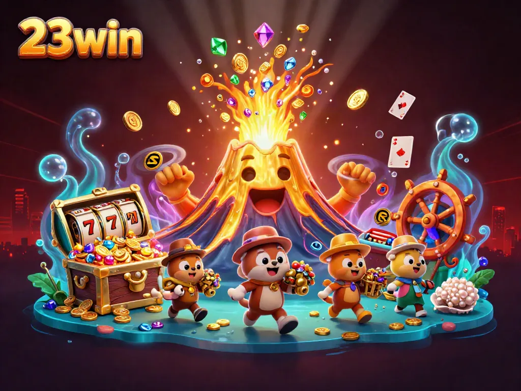 Experience thrilling treasure hunting action with 23win's vibrant casino-themed illustration of a golden volcano and treasure seekers.