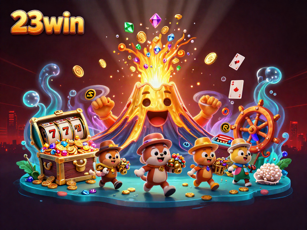 Experience thrilling treasure hunting action with 23win's vibrant casino-themed illustration of a golden volcano and treasure seekers.
