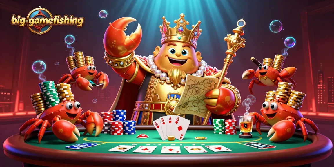 Engage in big-gamefishing with a vibrant 3D scene of a golden crab emperor amidst poker excitement.