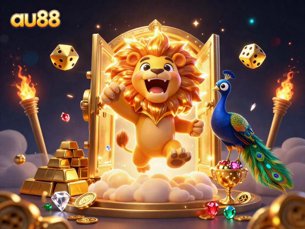 Experience the vibrant energy of au88 with a majestic sun lion and dynamic golden elements in a thrilling casino scene.