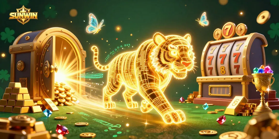 Experience the thrill of SUNWIN with a neon golden tiger and jackpot elements in a dazzling casino.