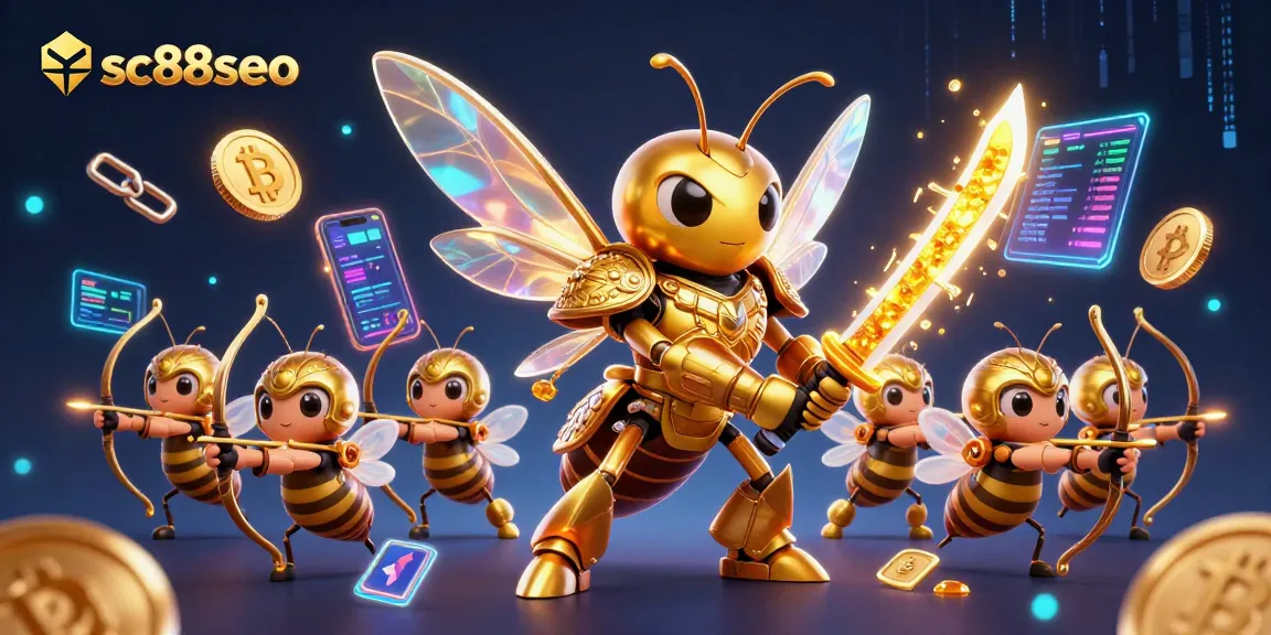 Experience thrilling gameplay with sc88seo featuring a giant hornet in samurai armor wielding katanas and crypto-themed elements.