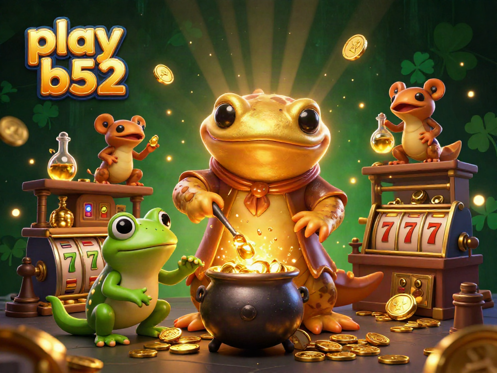 Experience excitement with play b52 in this vibrant 3D casino-themed illustration featuring alchemists transforming metals to gold.