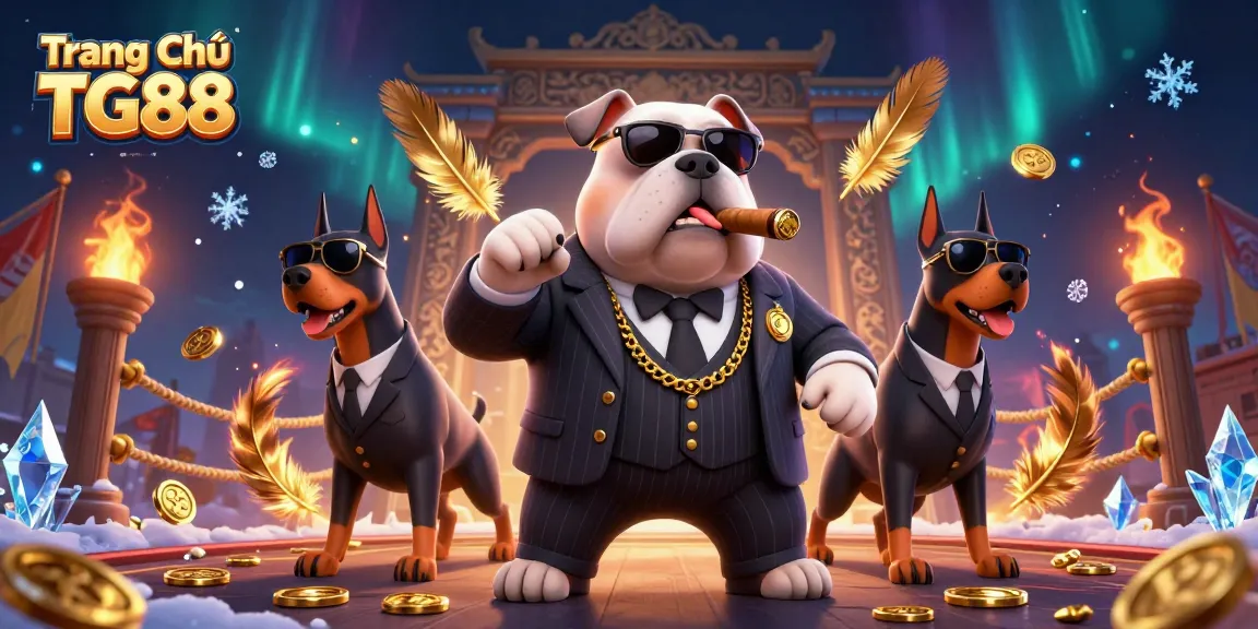 Experience gaming excitement with Trang Chủ TG88, featuring a vibrant 3D illustration of a mafia boss and bodyguards amidst gambling elements.