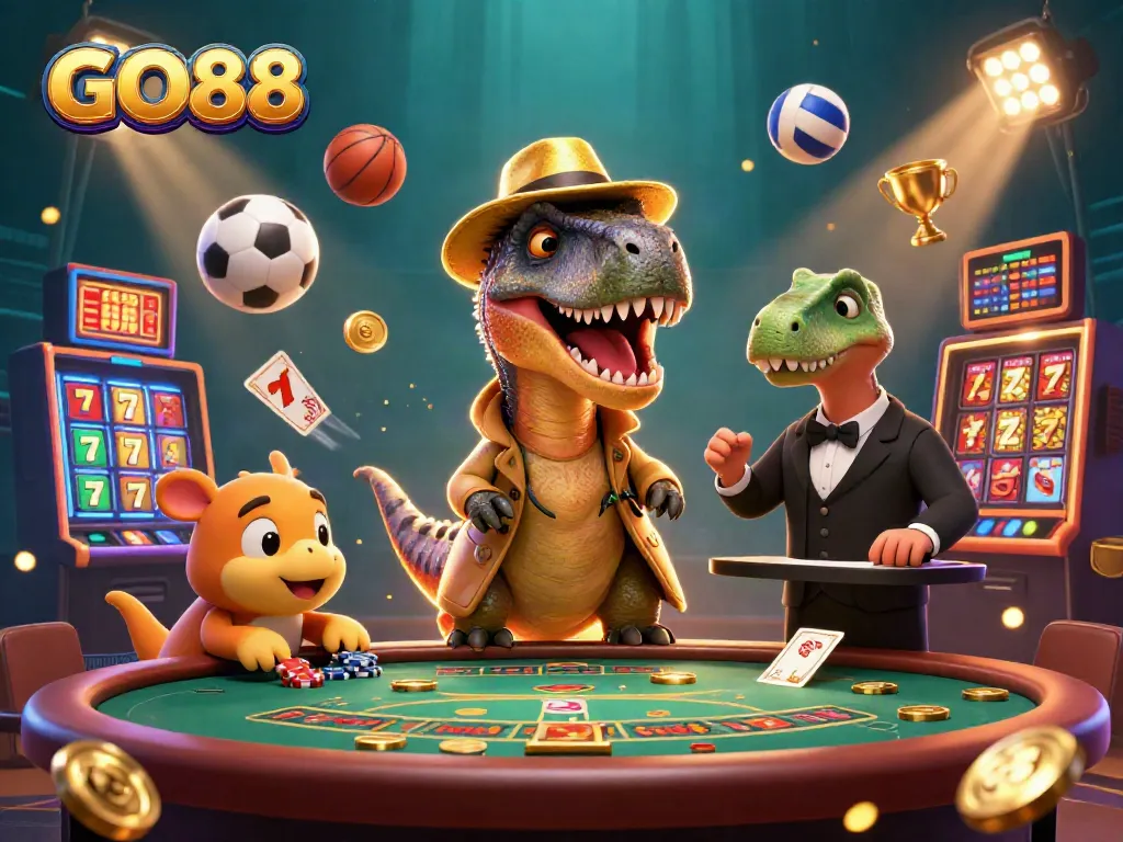 Experience excitement at GO88 with a velociraptor card counter and casino games in this vivid 3D illustration.