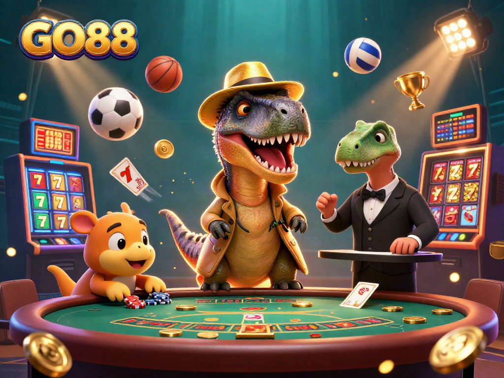 Experience excitement at GO88 with a velociraptor card counter and casino games in this vivid 3D illustration.