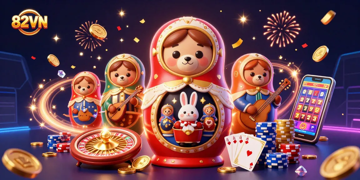Experience thrilling casino action with 82VN's vibrant illustration of playful characters and gaming elements.