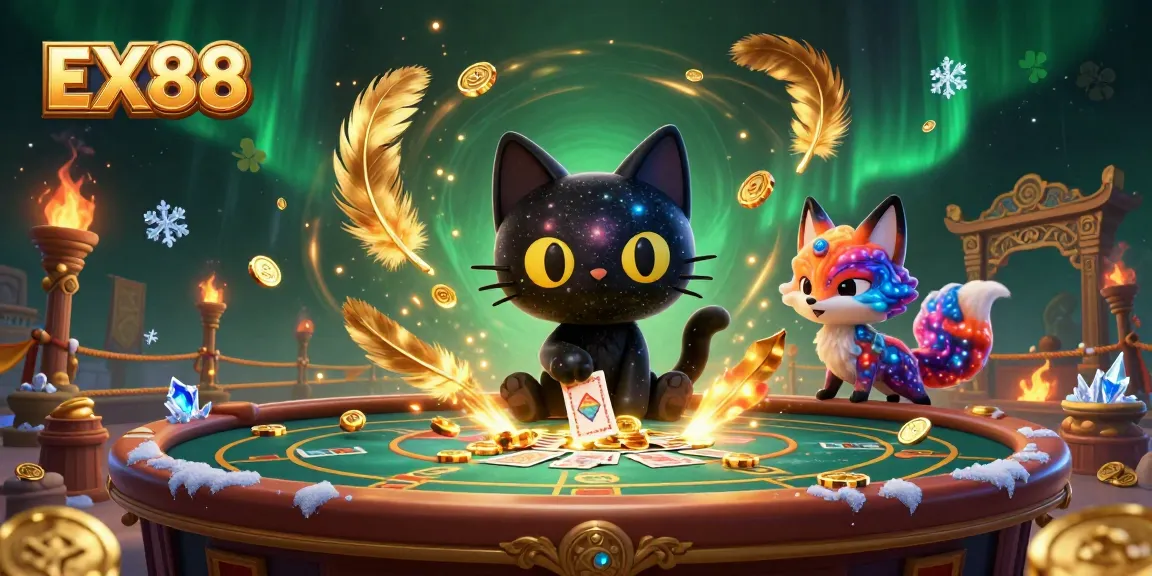 Engage in cosmic casino excitement with the EX88 featuring a black hole cat and nebula fox.