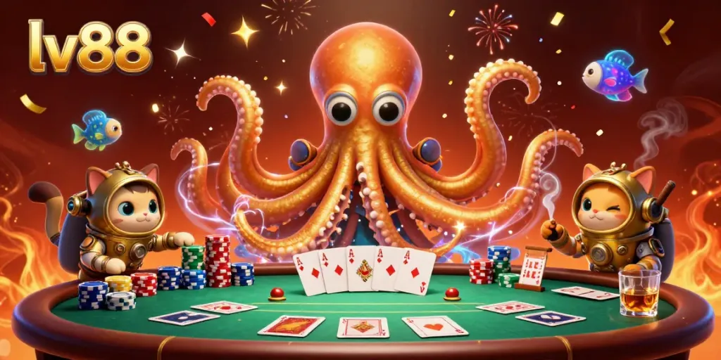 Experience big wins at lv88 with a vibrant 3D illustration showcasing thrilling poker elements.