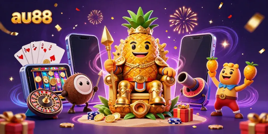 Experience the excitement of au88 in a vibrant casino scene with the golden pineapple king and gaming elements.