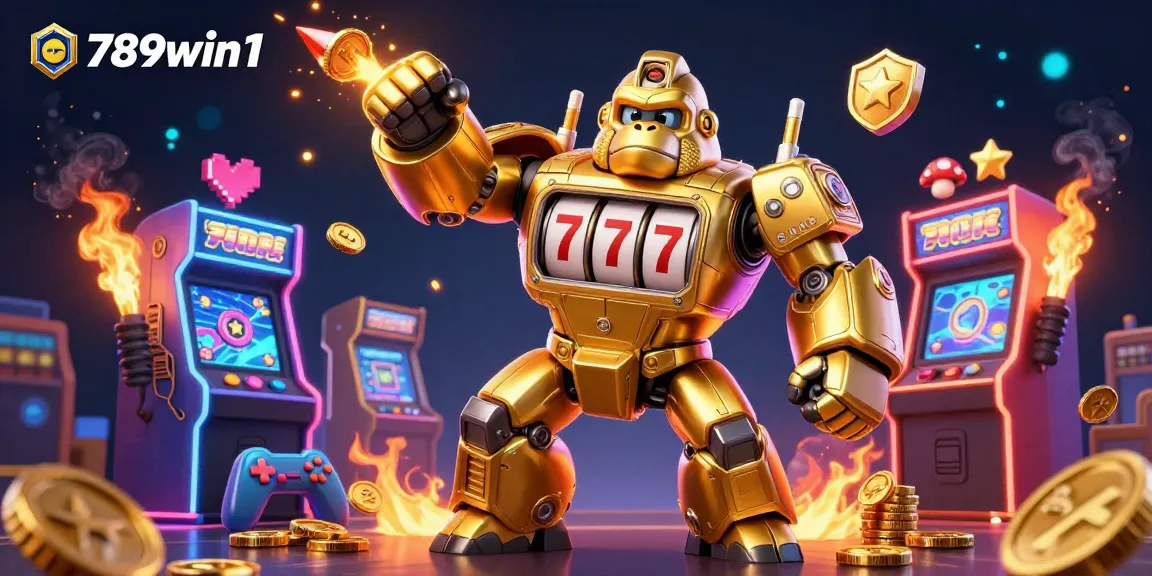 Engage with thrilling slots and casino games at 789win1 featuring a dynamic golden gorilla mech and vibrant arcade themes.