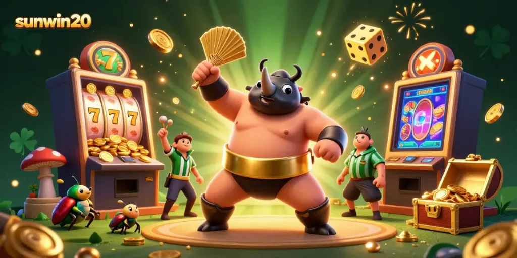 Experience sunwin20 with a dynamic casino scene featuring a rhinoceros beetle champion amidst flying coins and vibrant game elements.