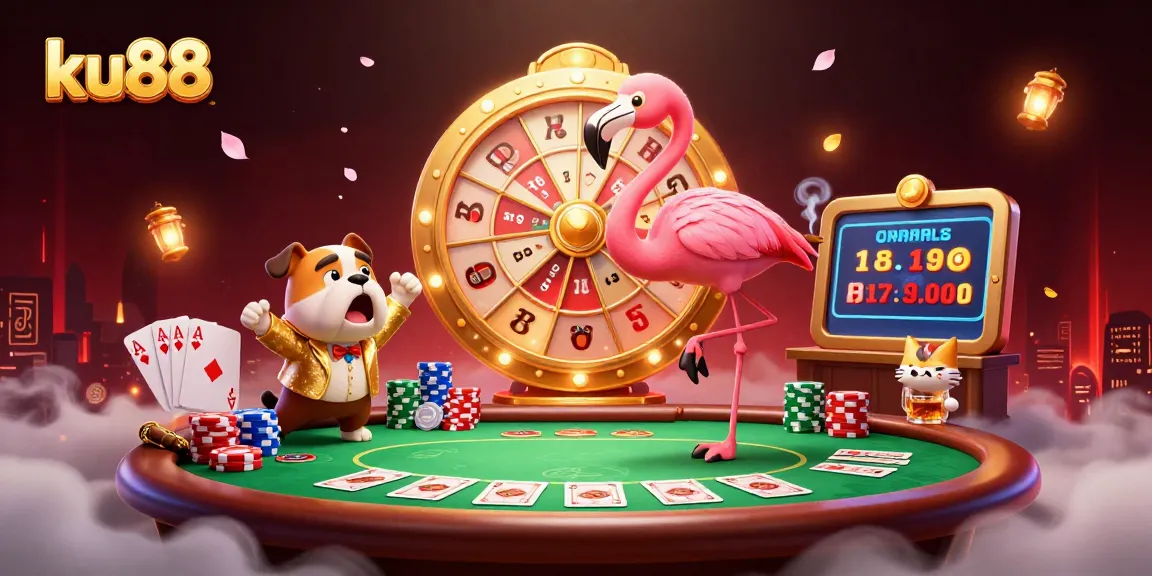 ku88 showcases exciting casino action with a flamingo host and lively bulldog contestant.
