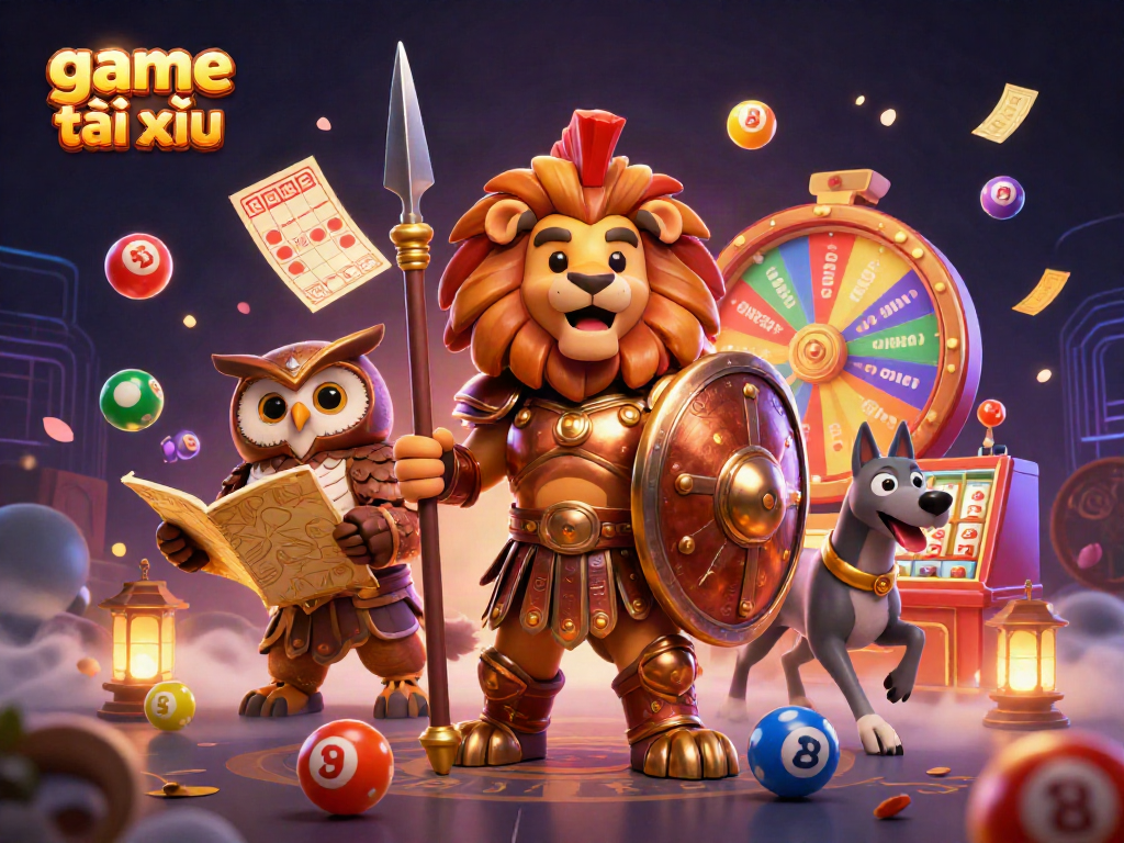 Engage with the thrilling game tài xỉu amidst vibrant lottery elements and strategic characters in a dynamic 3D scene.