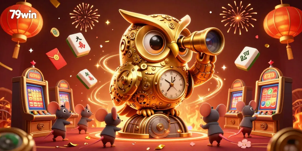 Engage with the dynamic 79win casino scene featuring a golden owl and lively slot machines.