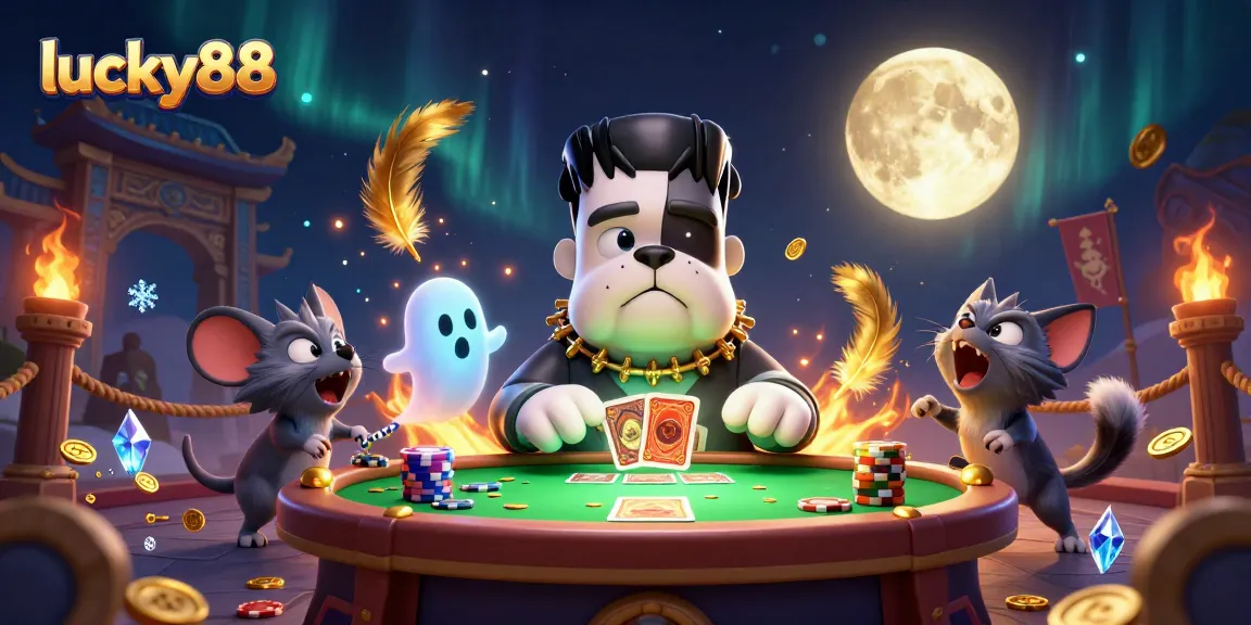 Experience lucky88 with a colorful casino-themed scene featuring vibrant cartoon characters at a spooky table.