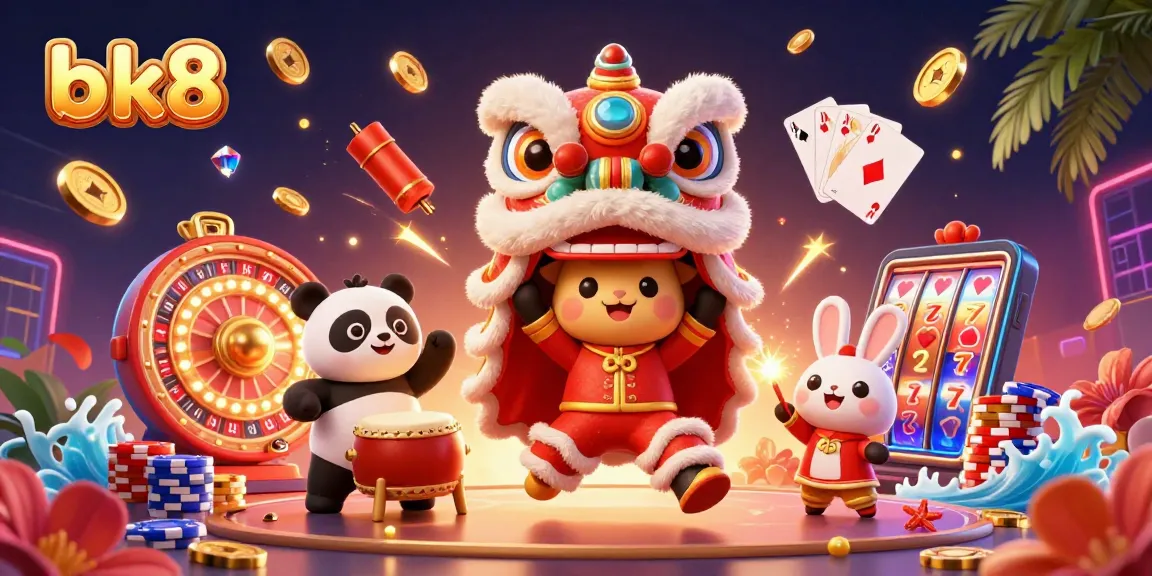Experience thrilling casino moments with bk8 in a vibrant, action-packed illustration featuring lively characters and gaming elements.