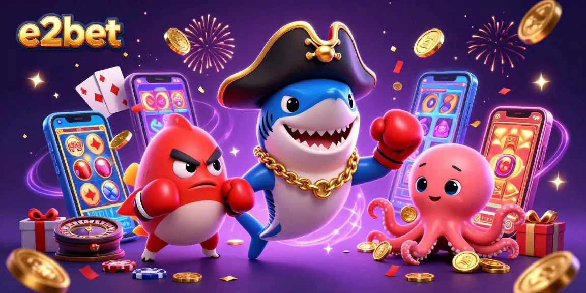 Spin to win with E2BET's vibrant 3D cartoon characters amid joyful casino elements.