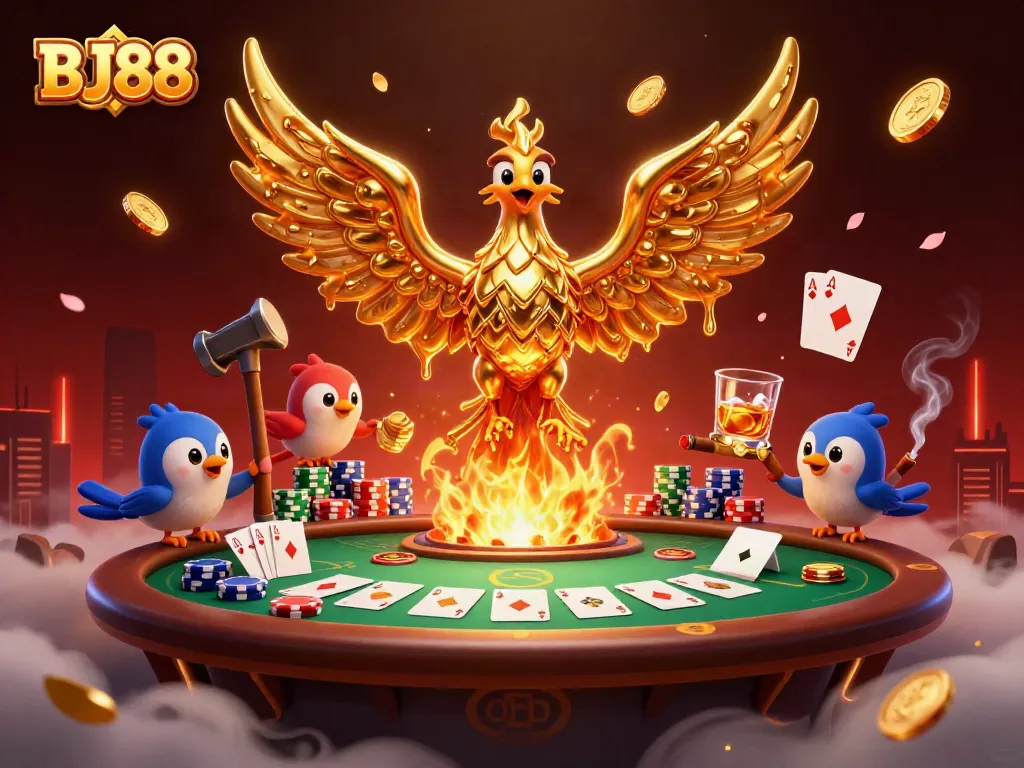 Engage with exciting gaming action at BJ88, featuring a golden phoenix and poker elements.