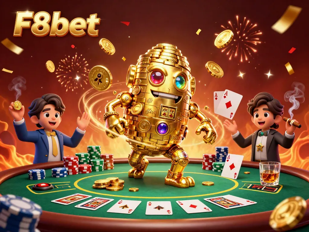 Experience thrilling gameplay with F8bet's golden golem surrounded by poker elements.