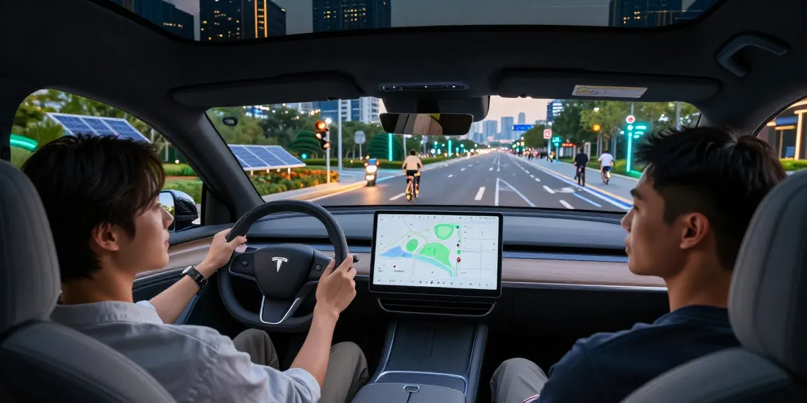 Passengers enjoy their ride in an autonomous driving vehicle, showcasing urban innovation with smart traffic and advanced infotainment.