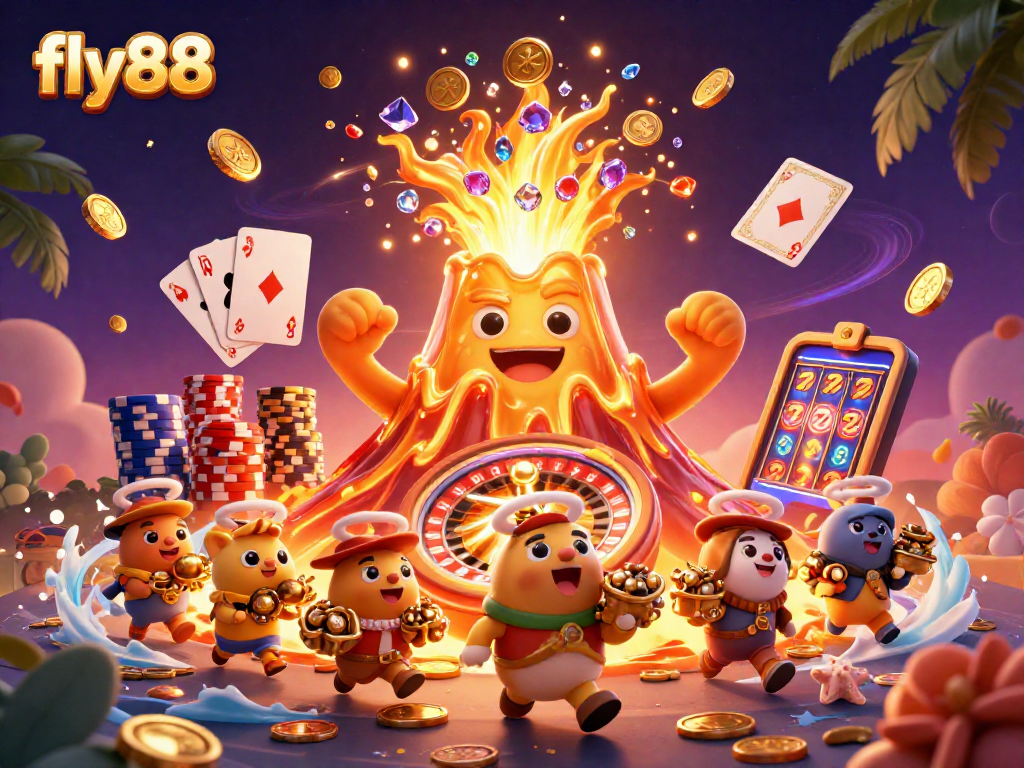 Experience the thrilling world of fly88 as treasures and gold erupt from a volcano.