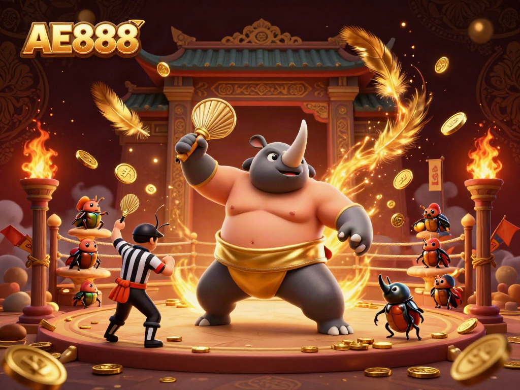AE888 casino scene featuring a unique beetle sumo champion surrounded by dynamic coin activities.