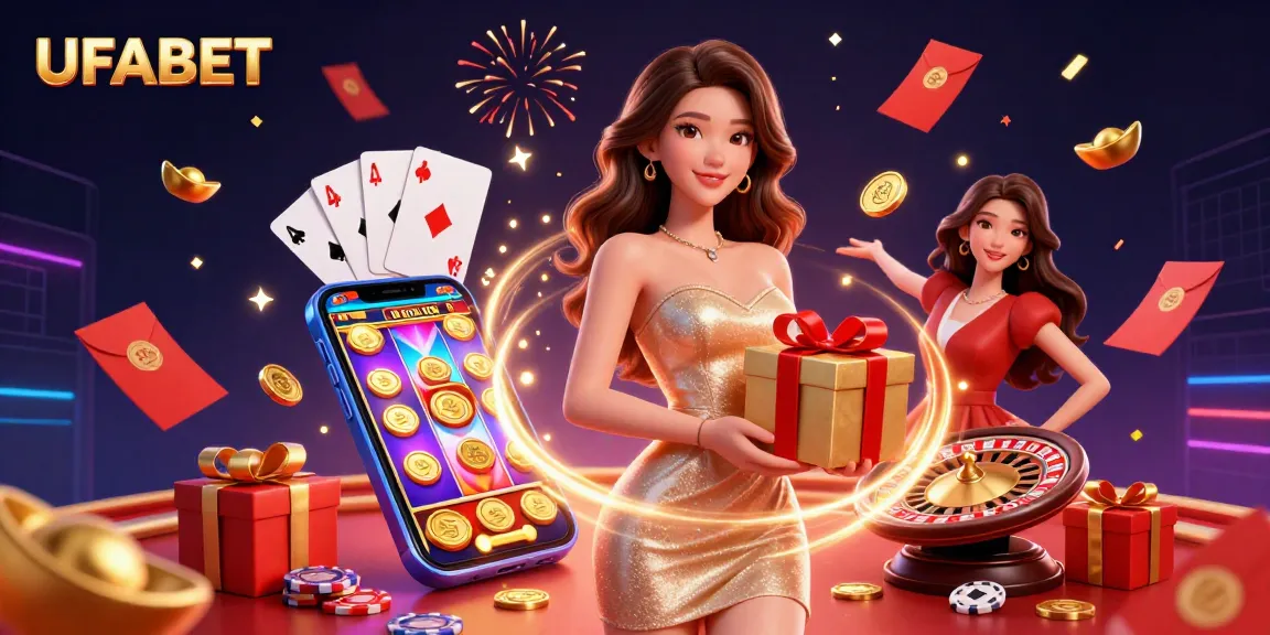 Experience the excitement of UFABET with vibrant casino elements, festive characters, and stunning visuals.