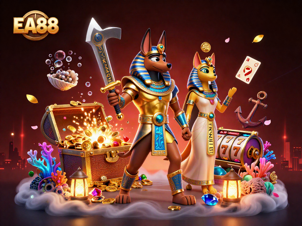 Engage in thrilling EA88 casino adventure with Anubis and treasure amidst vibrant game symbols.