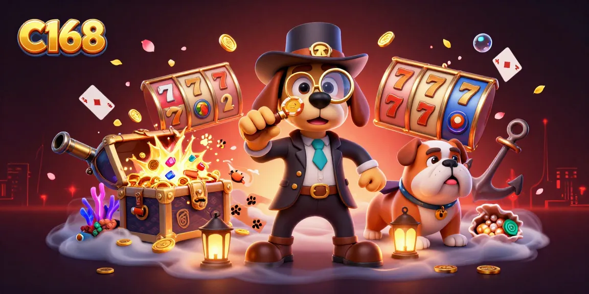 Experience thrilling gameplay in C168 with cartoon detective uncovering treasures in a vibrant scene.