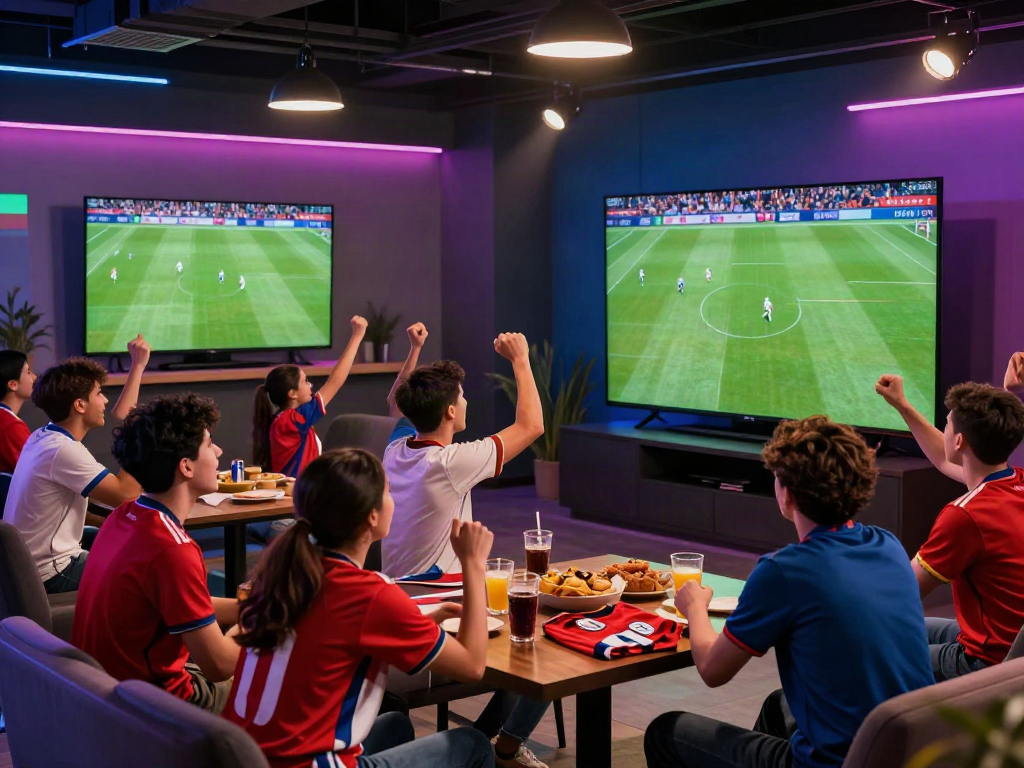 Socolive fans enjoying a live football match in a vibrant lounge atmosphere.