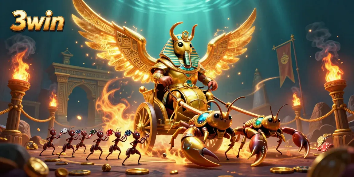 Experience thrilling gameplay at 3win with a golden scarab beetle leading the way in an exciting gambling arena.