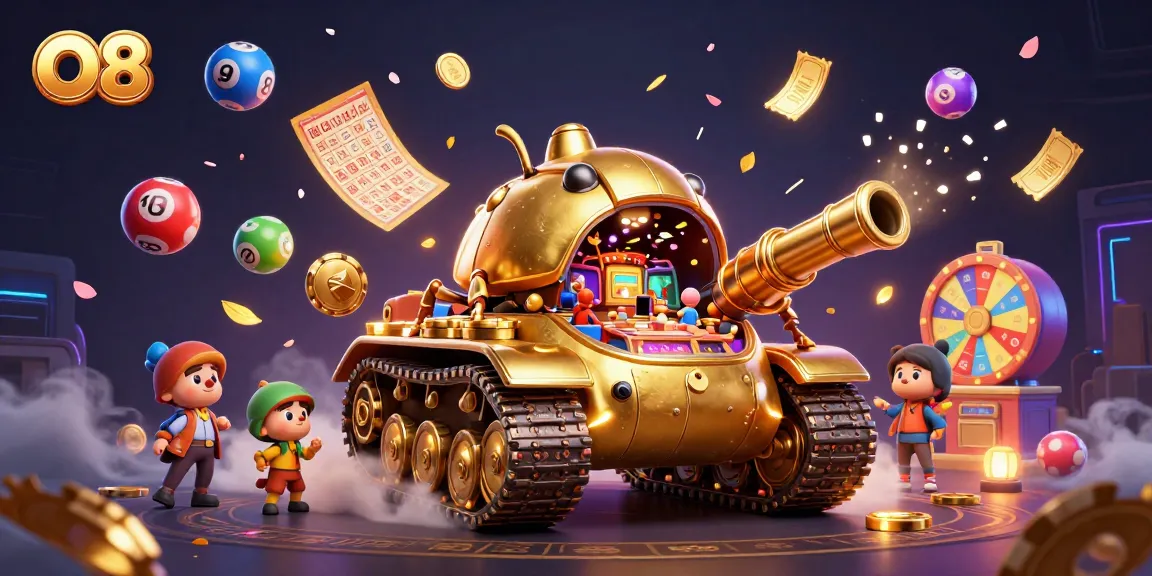 Engage with O8's vibrant casino scene featuring a golden beetle tank and lottery elements.